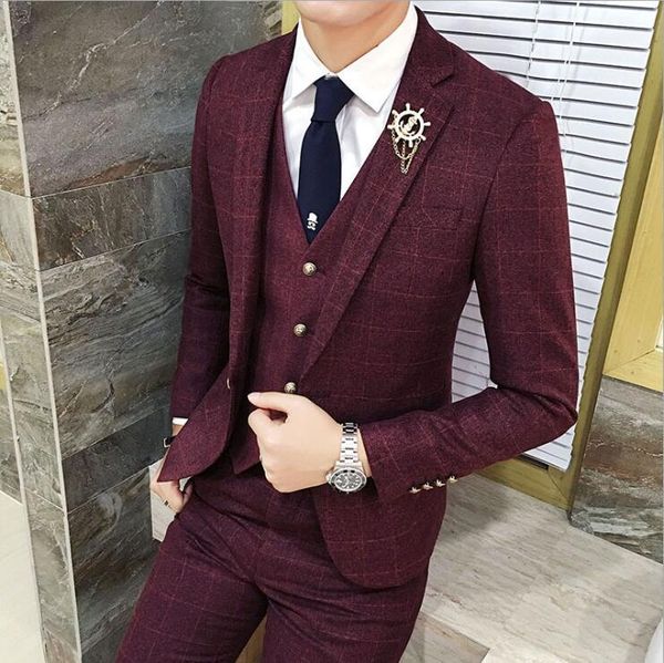 

men plaid groom marriage suit 3 pieces tuxedo slim fit for business and wedding dress suits blazer pant vest s-3xl men's & blazers, White;black