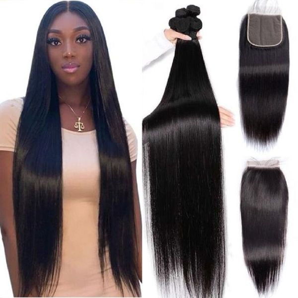 

human hair bulks 36 38 40 inch bone straight bundles with 6x6 lace closure brazilian weave 4x4 5x5, Black