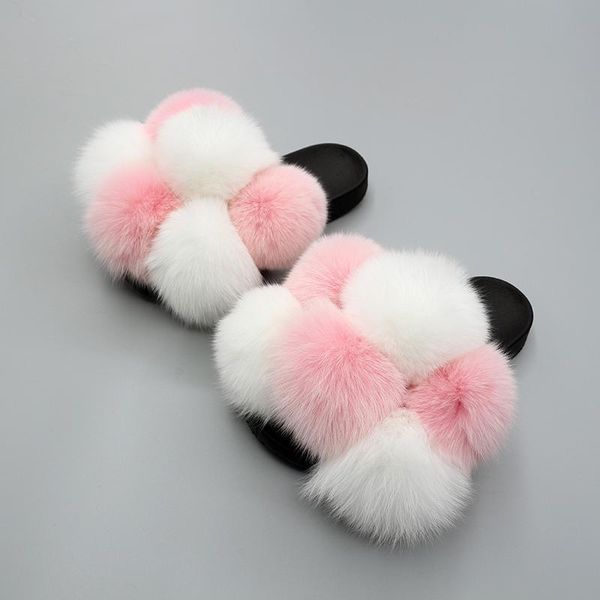 

arrival real fur slide slipper home women flat flop fashion fluffy hairball shoes slippers, Black