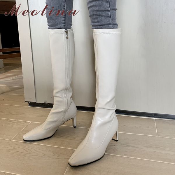 

meotina knee high boots women shoes pointed toe chunky heels long boots zipper high heels fashion lady boots autumn beige black 210520