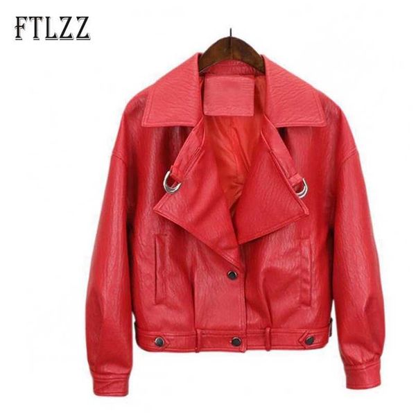

fashion women loose short leather jacket spring autumn ladies long sleeve turn-down collar punk style pu coat 210525, Black