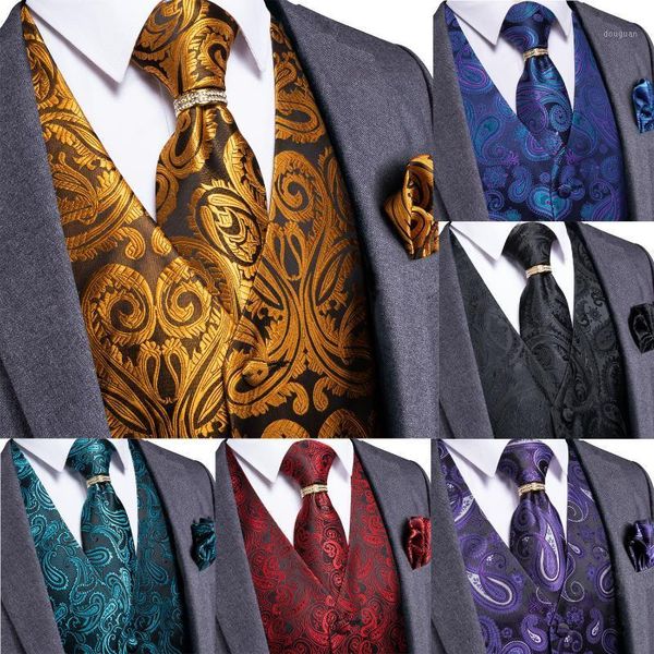 

men's vests wedding paisley jacquard black silk vest tie hanky gold ring cufflinks set classic party waistcoat dibangu, Black;white