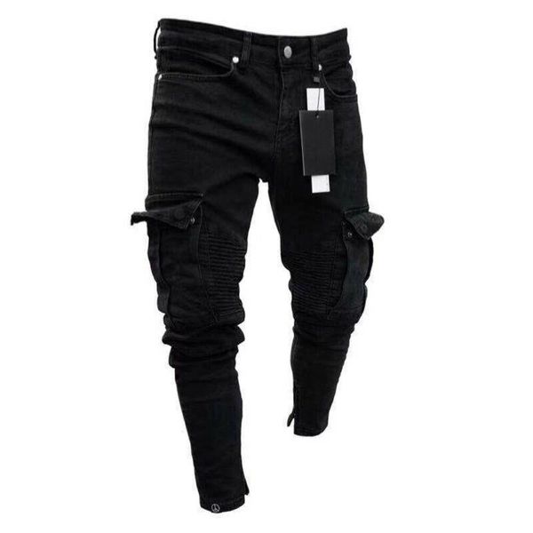 Erkek kot pantolon 2021 moda siyah Jean erkek kot sıska Biker yok yıpranmış Slim Fit cep kargo kalem pantolon artı boyutu S-3XL moda