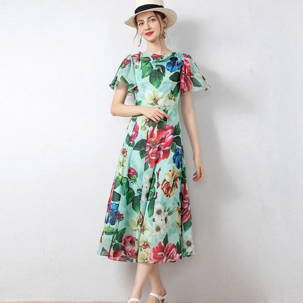 

women's flower of chiffon 2021 summer babados sleeve elegant print fashion mid-long casual feast ed in temperature, Black;gray