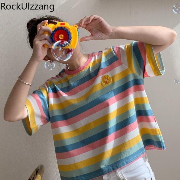 

embroidery fruit graphic short sleeve o neck striped loose crop t-shirt korean teenager student girl cute t shirt sweet women's, White