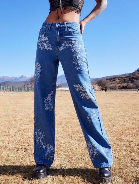 

romwe floral & figure graphic jeans w10b#, Blue