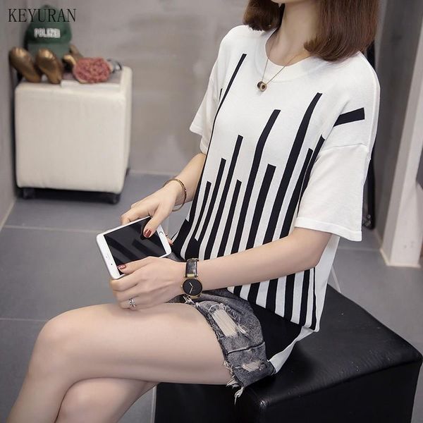 

plus size clothes knitted tshirts women 2021 summer fashion short sleeve striped t shirts oversize casual loose femme women's t-shirt, White