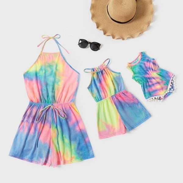 

family matching outfits fashion baby rompers mother daughter dress off shoulder shirts women kids girls jumpsuit rainbow color woman, Blue