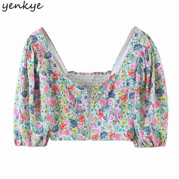 

sweet women floral print holiday boho v neck puff sleeve crop blusas mujer fashion summer s 210514, White