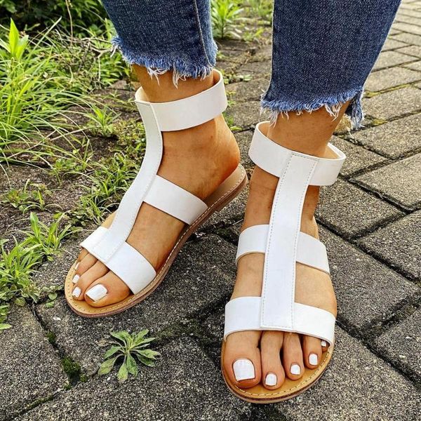 

concise flat gladiator shoes 2021 summer elegant casual sandals women classic rome low heel, Black