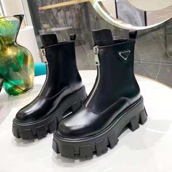 

womens boots genuine leather thick bottom martin designer boot platform middle heel shoes size 34-41with box, Black