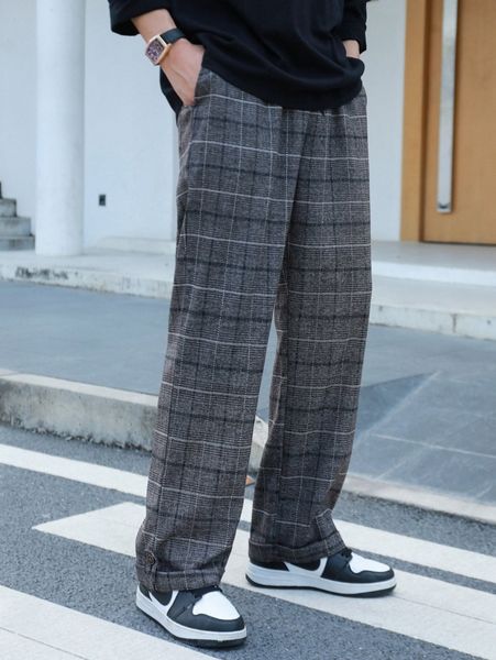 

men plaid print roll tab hem straight leg pants z5as#, Black