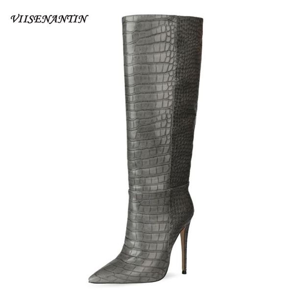 

boots autumn winter catwalk models pointed toe pattern stiletto high heel knight mature girl tube long, Black