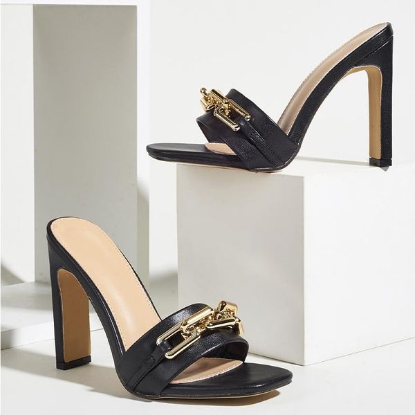 

women's slippers heels 2021 chains shoes decoration pu leather ladies slides summer sandals square high size 35-42, Black