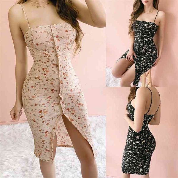 

lossky summer floral print spaghetti strap high slit ruched dress women slim sleeveless club night out party vestidos 210520, Black;gray