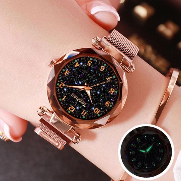 

wristwatches relogio feminino 2021 luxury rose gold women watches minimalism starry sky magnetic watch fashion female wristwatch, Slivery;brown