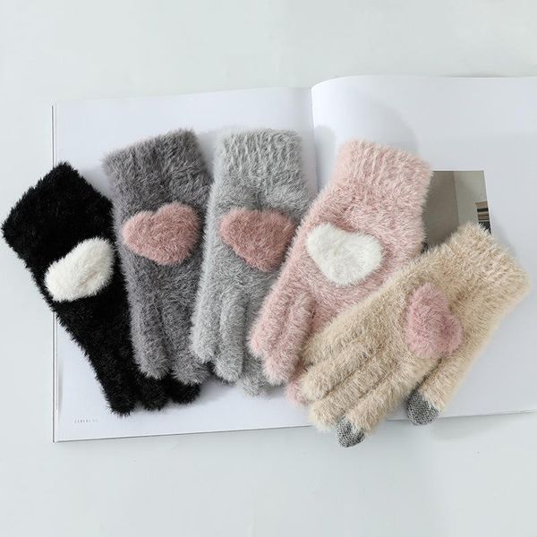 

five fingers gloves 1pair women girls lovely fluffy plush full finger winter mittens cute love heart thick warm female guantes, Blue;gray
