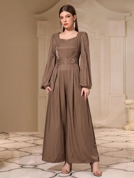 

lantern sleeve chain detail wide leg jumpsuit c43v#, White