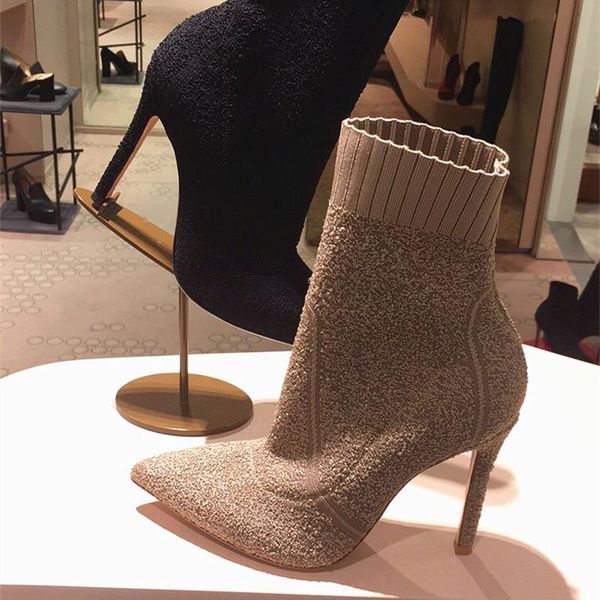 

boots slim fit women ankle pointed toe stretch fabric knit sock boot high heel shoes woman valentine shoe pumps, Black