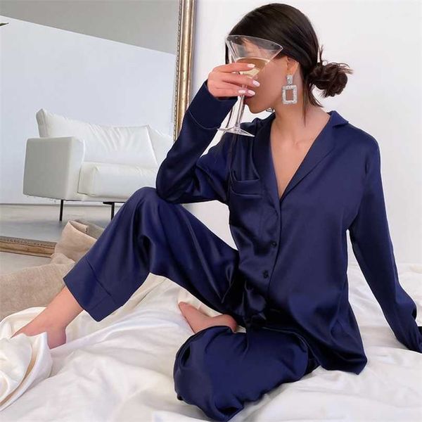 Mavi Tek Göğüslü Ev Suit Kadınlar Için Pijama Saten Cep Katı Uzun Kollu Pijama Bahar Seksi Kadın Set 2 ADET Gecelik 211105