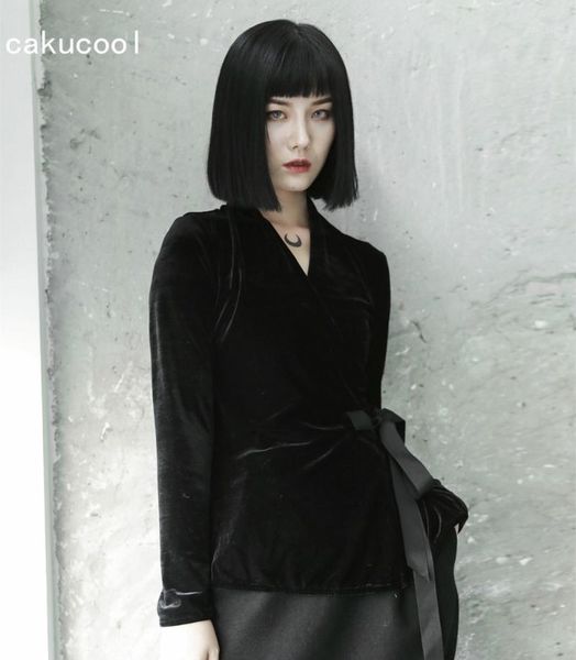 

women's blouses & shirts cakucool 2021 kimono blouse women black slim v neck sashes belt long sleeve fleece blusa japan gothic shirt fe, White
