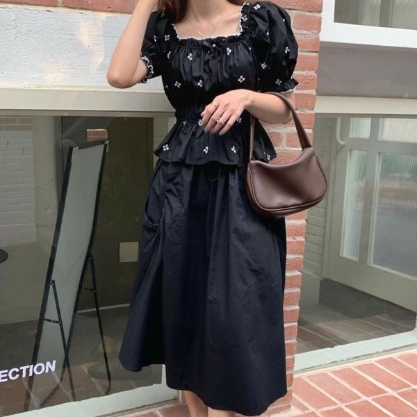 

casual dresses elastic waist florals ruffles princess pleated loose girls retro sweet femme long es vestidos t462, Black;gray