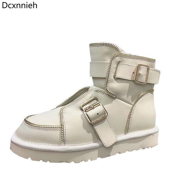 

boots runway color thick sole fur ankle women belt buckle round toe genuine leather snow comfortable winter woman, Black