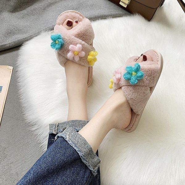 

flat home slippers woman winter shoes flower fur slides women warm soft slip on cross tie female plus size, Black