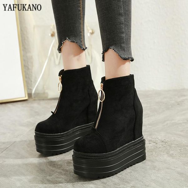 

boots winter fashion plus velvet within increase short 13cm wedge women ankle front zipper high heels 39, Black