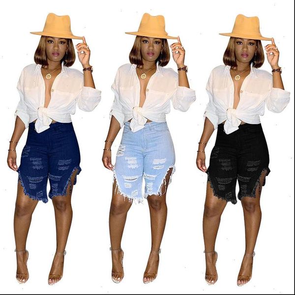 

tassel jean womens jeans shorts women summer hollow out short hole classic denim high waisted skinny outfit clothing, Blue