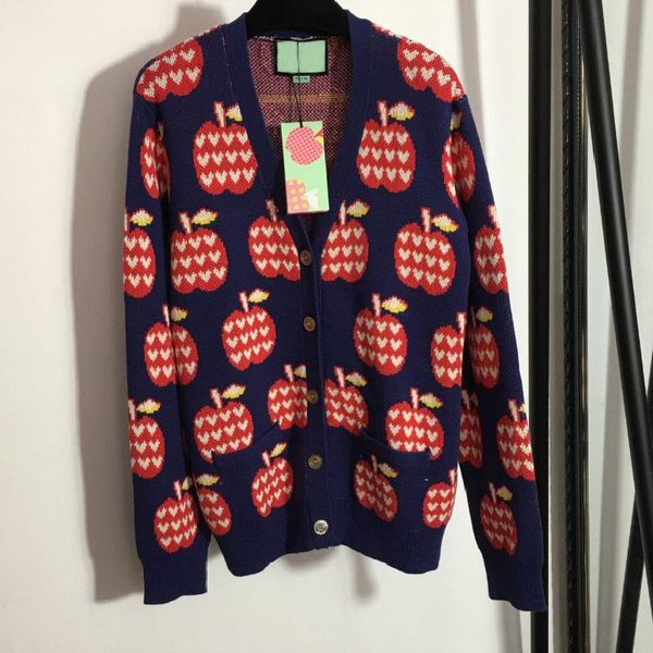 

women's knits & tees luxury design fashion apple love pattern sweater temperament single breasted v-neck long sleeve knitted cardigan c, White