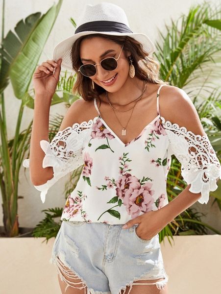 

floral print lace insert blouse 26j3#, White