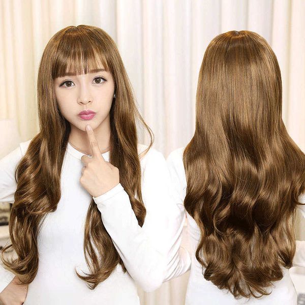 

korean wig female long curly hair air bangs big wave ffy pear flower head, Black