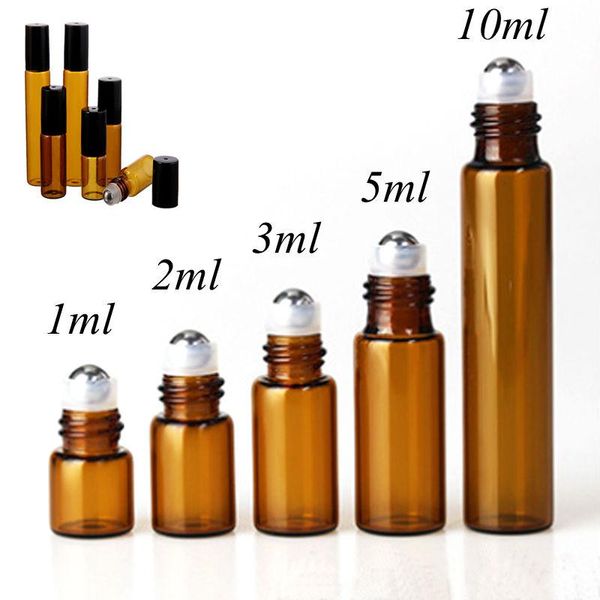 

storage bottles & jars 5pcs 1ml 3ml 5ml 10ml amber perfume glass roll on bottle with glass/metal ball brown roller essential oil vials