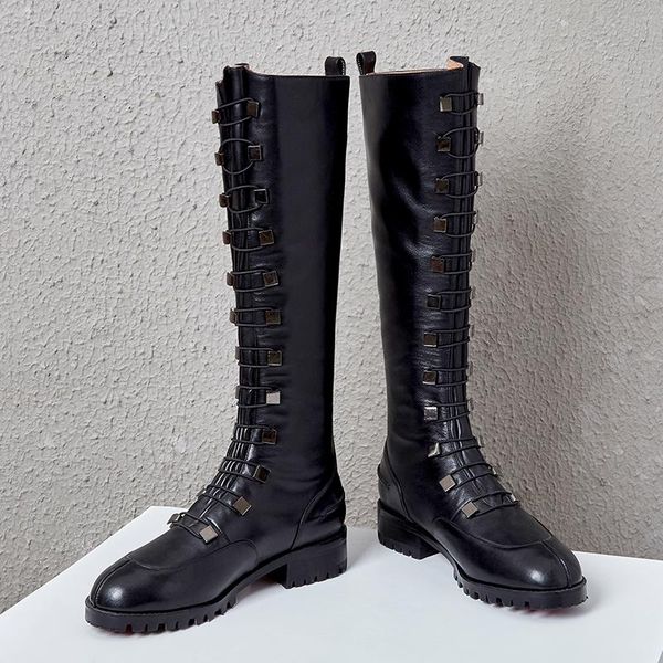 

boots women elegant pointed toe genuine leather thick high heel ladies shoes inside zipper knee-high, Black