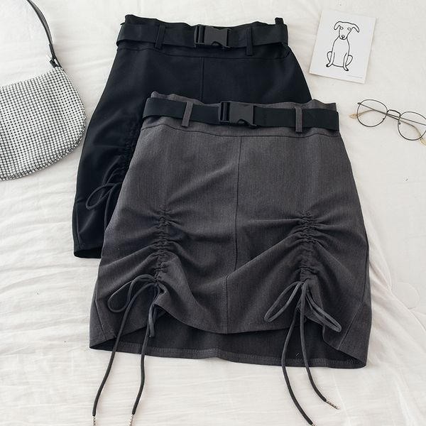 

safari style drawstring women skirts 2021 summer new high waist solid slim mini female bud skirts quality, Black