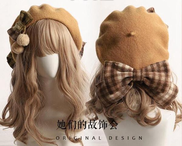 

girls winter beret cap cute plaid big bow painter wool hat caps & hats, Yellow