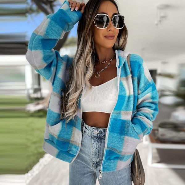 

women's jackets elegant women's autumn casual plaid print with hood zipper long sleeve pockets chaqueta mujer, Black;brown