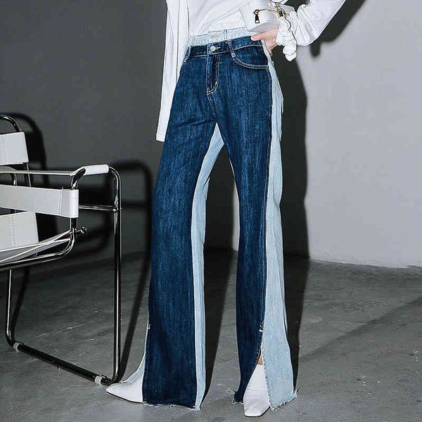 

Women's Jeans Vintage Patchwork Women Full Length Pants High Waist Hit Color Side Split Loose Wide Leg Pant For Female Fashion 200930 DTDV, Blue