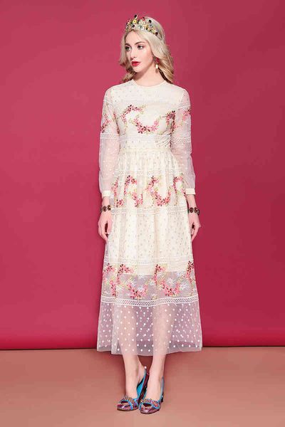 

a line spring fashion runway vintage women's long sleeve gorgeous tulle mesh floral embroidery party dress, Black;gray