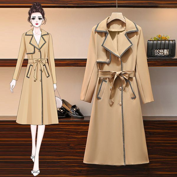 

long fashion trench coat large 2021 autumn fat sister double breasted lace up waist slim mid length windbreaker coat women's, Tan;black