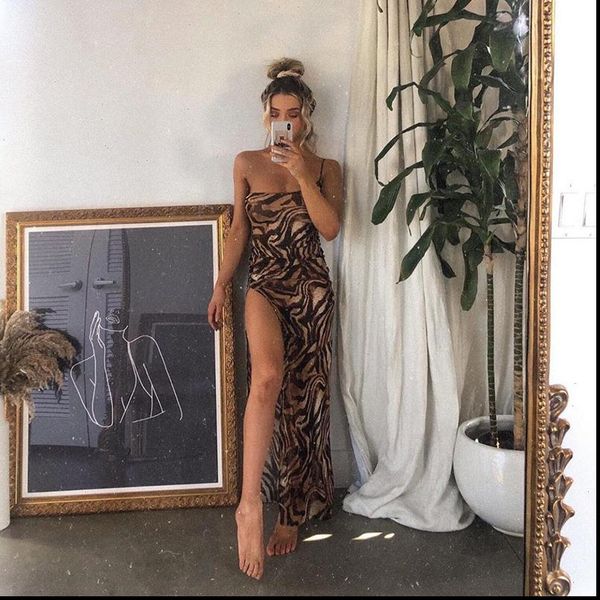 

women dress leopard print split summer sleeveless one shoulder maxi ladies party club vintage dresses female, Black;gray