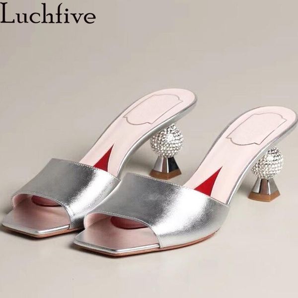 

square open toe mid-heel muler ladies candy silver black strange crystal heel slippers for woman 2021 summer sandals
