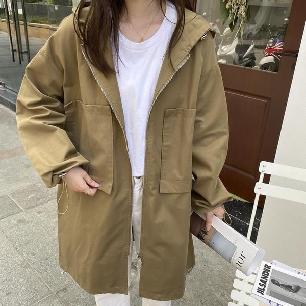 

women's trench coats [ewq] korea chic autumn casual trend women solid color hooded zipper fashion simple long-sleeved windbreaker coat, Tan;black