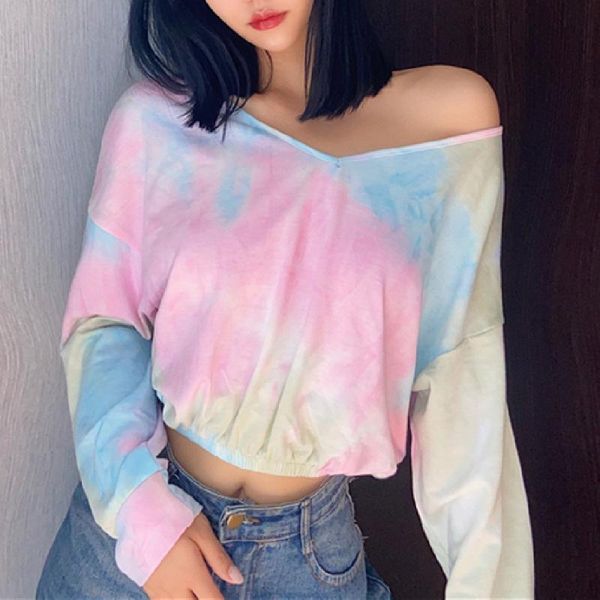 

women's t-shirt 2021 style european and american long-sleeved v-neck loose pullover tie-dye printing short clothing, White