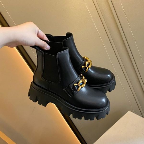 

new women ankle boots real leather metal chain thick bottom womens shoes for winter fashion cool footwear size 35-39, Black
