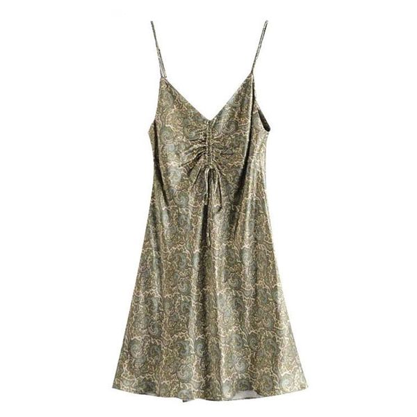 

camisole mini dress women chic fashion paisley print cozy bow dress vintage v neck adjustable straps female dresses mujer 210422, Black;gray