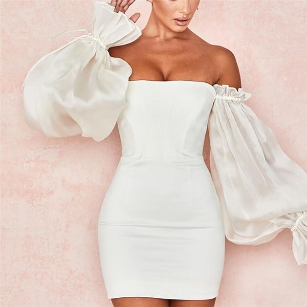 

dress women club wear strapless bodycon ruffles lace up white puff sleeve mini elegant vestidos de mujer 2021 casual dresses, Black;gray