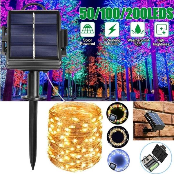 

strips 5/10/20m led outdoor solar lamp string lights 50/100/200 leds fairy holiday christmas party garland garden ip65 waterproof