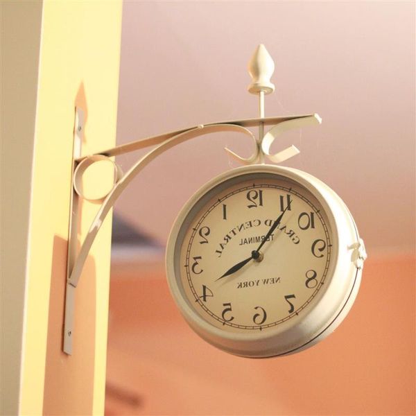 

outdoor wall clock hanging retro double sided battery powered metal mount vintage garden coffee bar decoration round station clocks